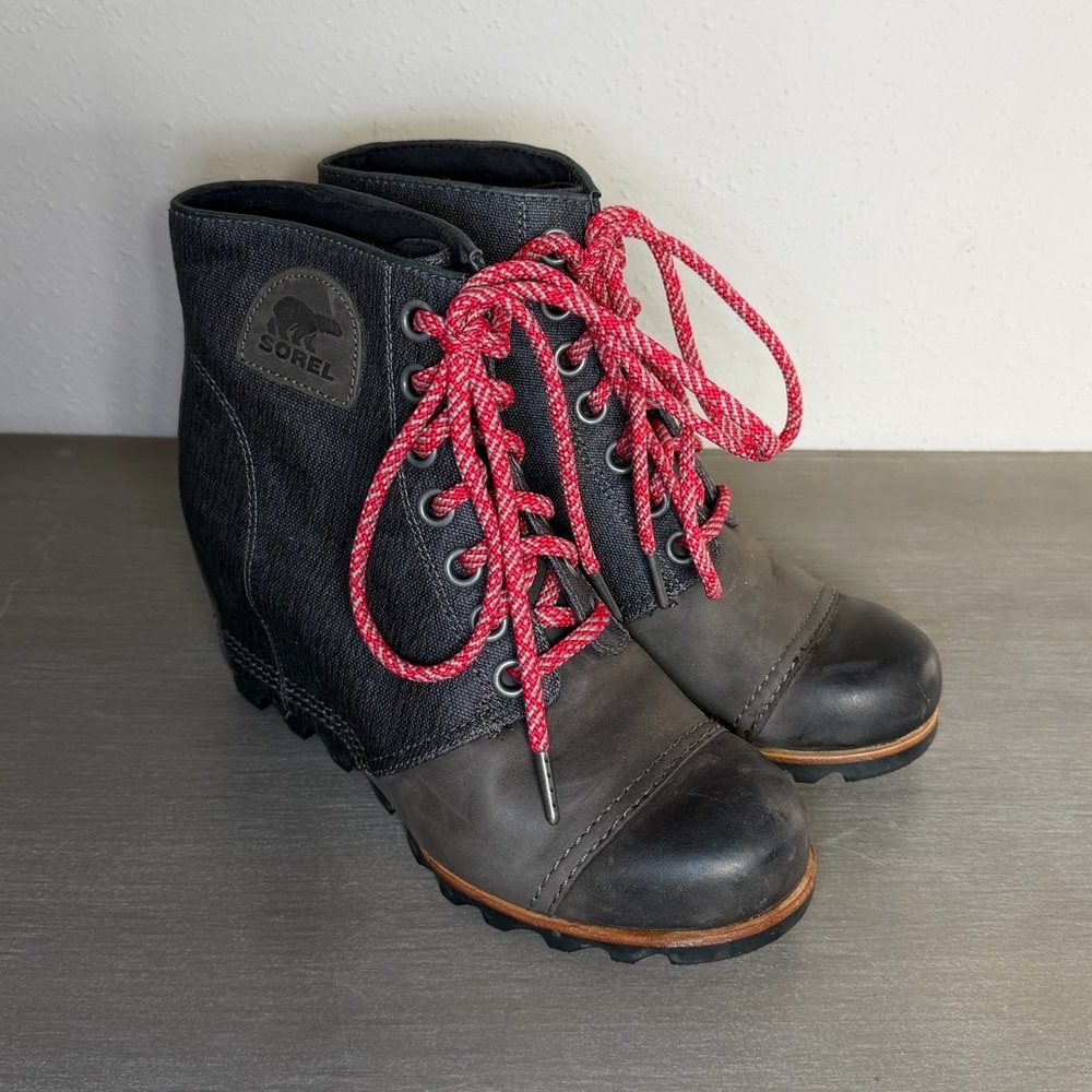 Sorel PDX Wedge Boots Gray Canvas Leather Women's Shoes Size 8.5